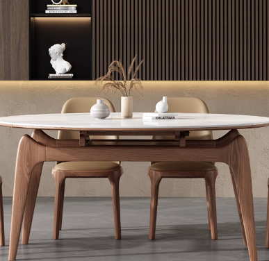 黑胡桃木色可伸缩实木岩板餐桌可变圆桌小户型家用原木中古风饭桌