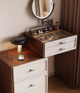 奶油风梳妆台卧室床尾现代简约高档收纳柜转角斗柜伸缩一体化妆桌