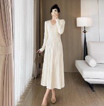 拾白新中式2023春季国风提花人丝斜襟连衣裙女休闲日常长裙